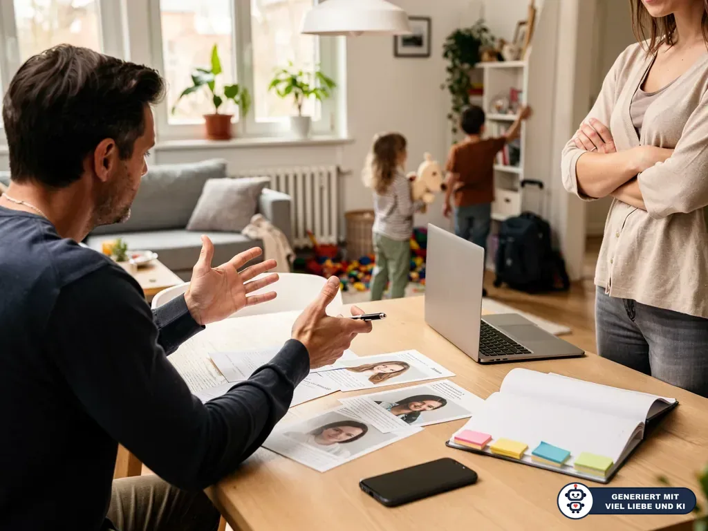 Vater bespricht Au-pair-Bewerbungen am Tisch, während Kinder spielen und eine Frau daneben steht. (mit KI erstellt)