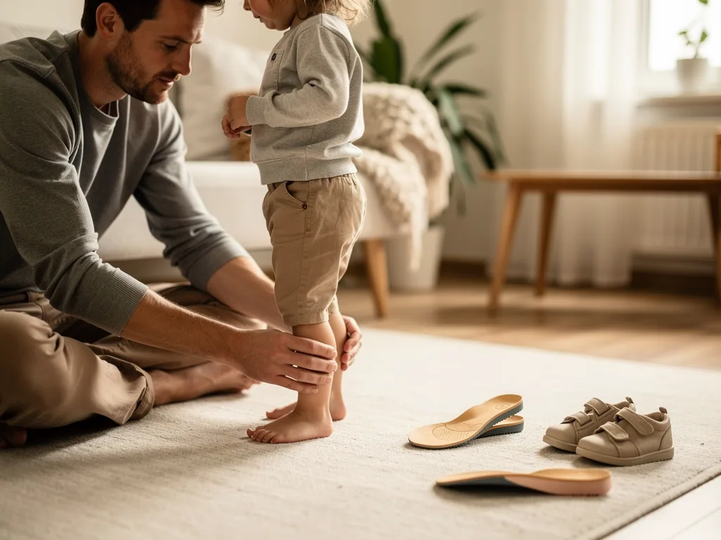 Vater betrachtet die nackten Füße seines Kindes; daneben liegen Kinderschuhe und Einlagen auf einem Teppich.