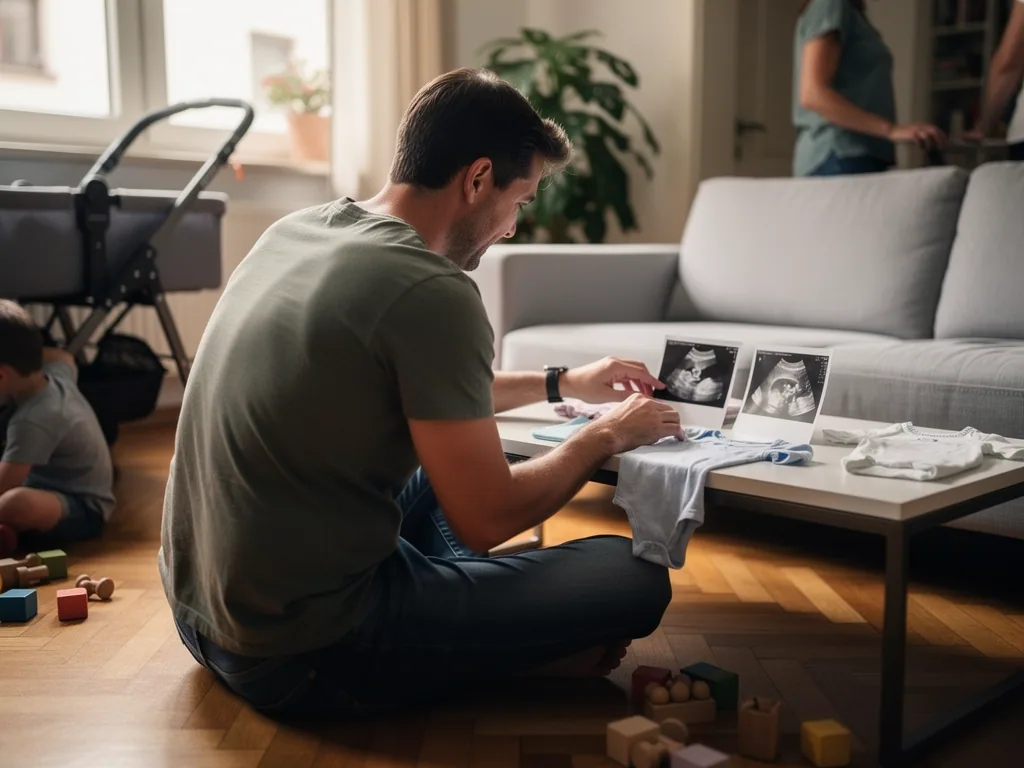 Vater betrachtet Ultraschallbilder und Babykleidung im Wohnzimmer, während ein Kind neben Spielzeug sitzt.