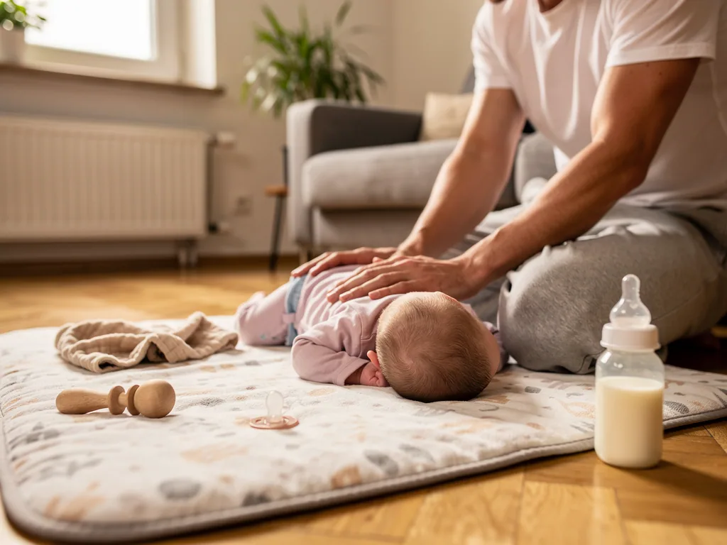 Vater betreut Baby in Bauchlage auf einer Spielmatte, daneben Fläschchen, Schnuller und Holzspielzeug.