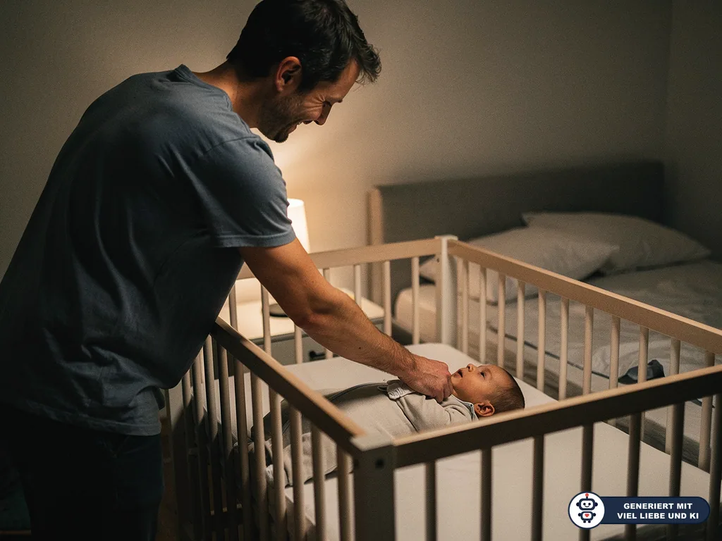 Vater beugt sich über ein Baby im Gitterbett neben dem Elternbett und berührt sanft dessen Gesicht. (mit KI erstellt)