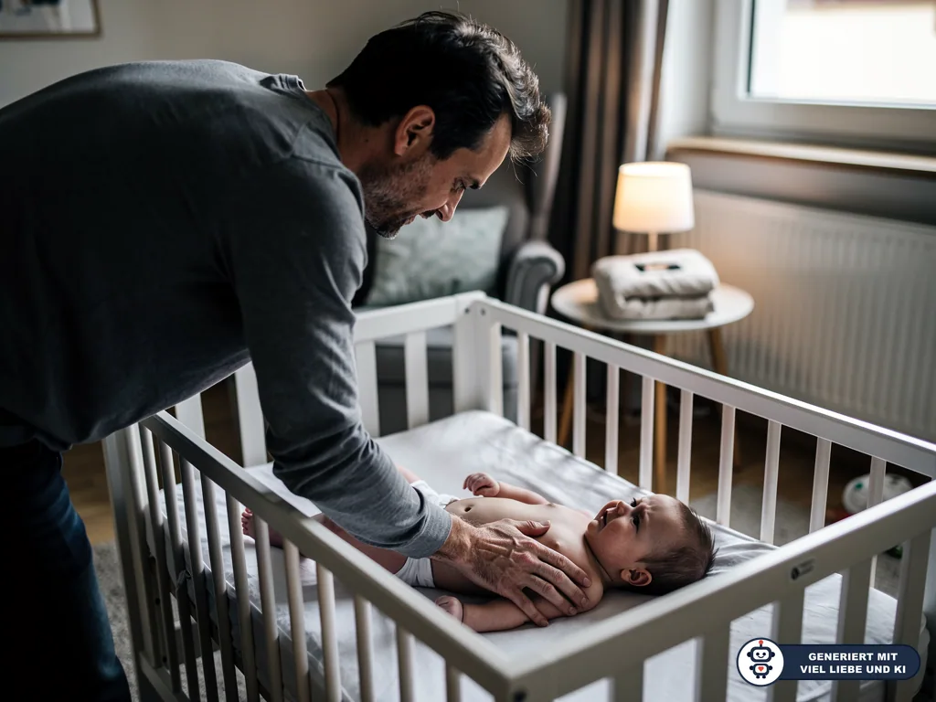 Vater beugt sich über ein Baby im weißen Gitterbett und legt beruhigend die Hand auf seinen Bauch. (mit KI erstellt)