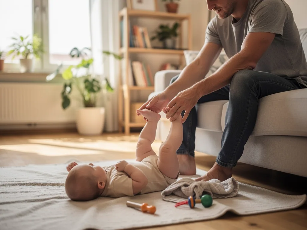 Vater bewegt die Beine seines Babys auf einer Decke im hellen Wohnzimmer mit Spielzeug am Boden.