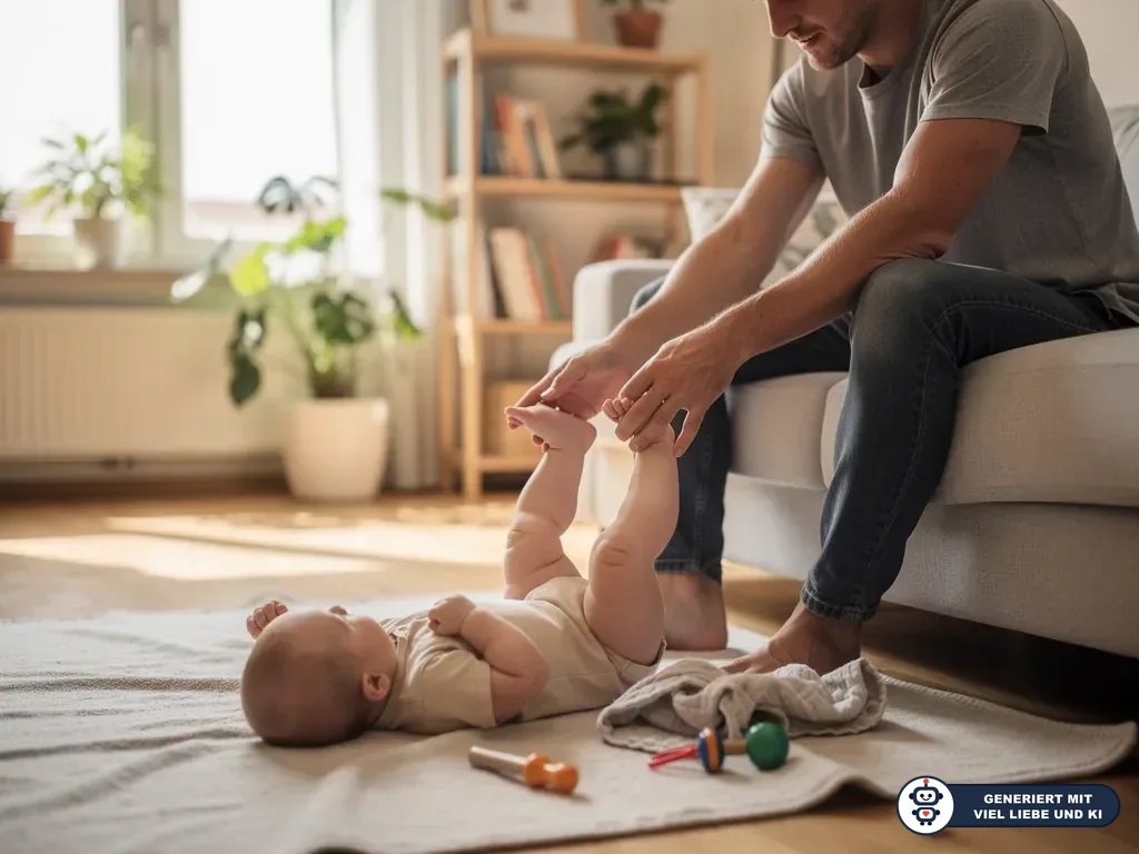 Vater bewegt die Beine seines Babys auf einer Decke im hellen Wohnzimmer mit Spielzeug am Boden. (mit KI erstellt)