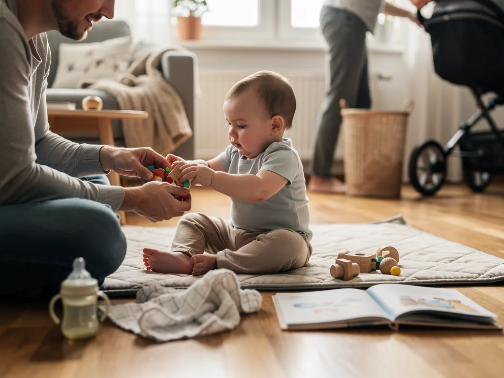 Vater bietet Baby auf Spielmatte ein Holzspielzeug an, während das Kind danach greift.