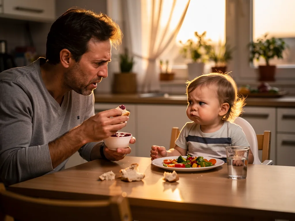 Vater bietet Kleinkind am Küchentisch Brot mit Aufstrich an, während es Gemüse auf dem Teller skeptisch ansieht.