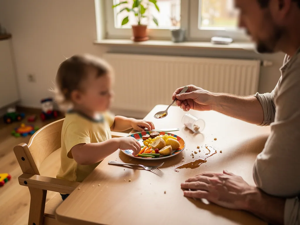 Vater bietet Kleinkind am Tisch einen Löffel an, vor ihm ein bunter Teller mit Gemüse und Kartoffeln.