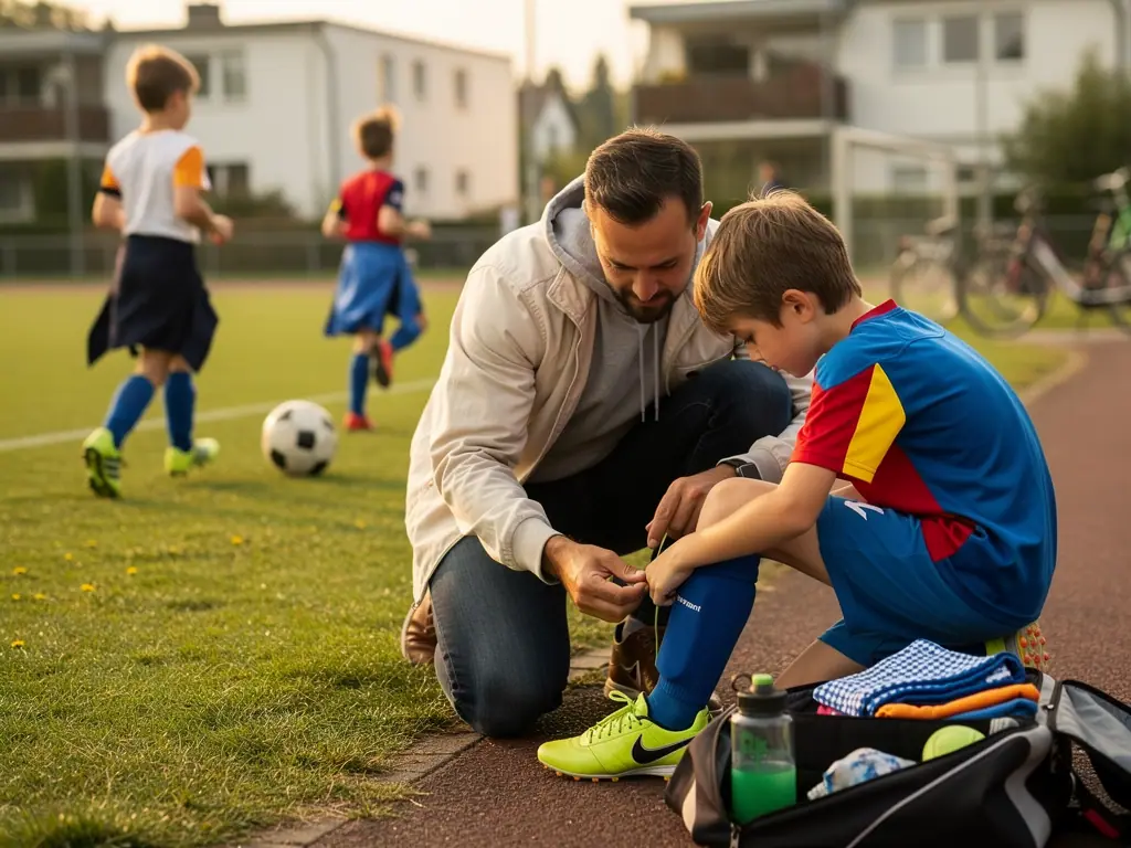 Vater bindet einem Jungen am Fußballplatz die Schuhe, während andere Kinder im Hintergrund trainieren.