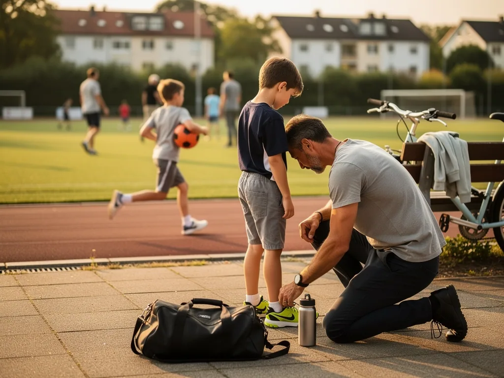 Vater bindet einem Jungen am Sportplatz die Schuhe, während andere Kinder im Hintergrund Fußball spielen.