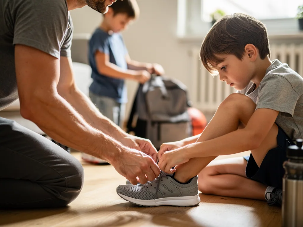 Vater bindet einem Jungen den Sportschuh, während ein weiteres Kind im Hintergrund eine Sporttasche packt.