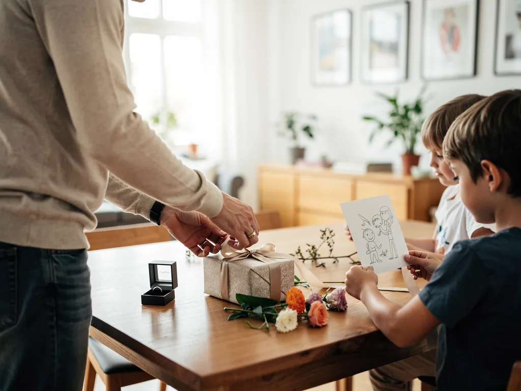 Vater bindet Schleife um Geschenk, daneben Ringbox, Blumen und Kinder mit selbst gemaltem Bild am Tisch.