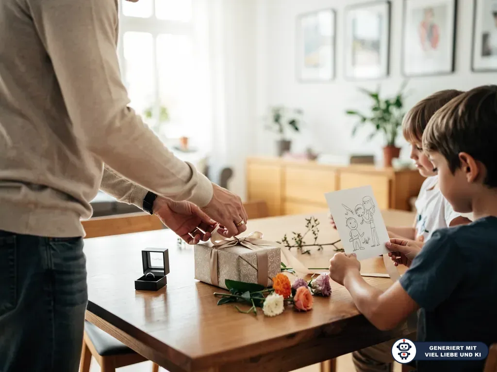 Vater bindet Schleife um Geschenk, daneben Ringbox, Blumen und Kinder mit selbst gemaltem Bild am Tisch. (mit KI erstellt)