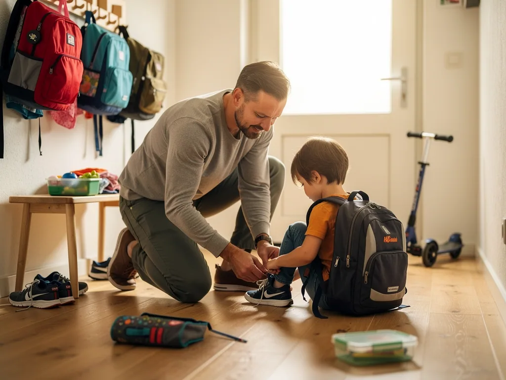 Vater bindet seinem Kind im Flur die Schuhe; das Kind trägt Schulranzen, weitere Rucksäcke hängen an der Garderobe.
