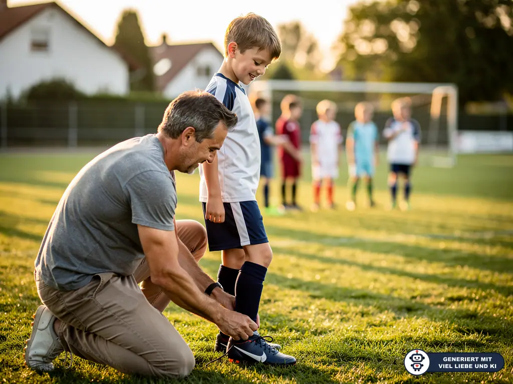 Vater bindet seinem Sohn auf dem Fußballplatz die Schuhe, im Hintergrund wartet ein Kinderteam vor dem Tor. (mit KI erstellt)