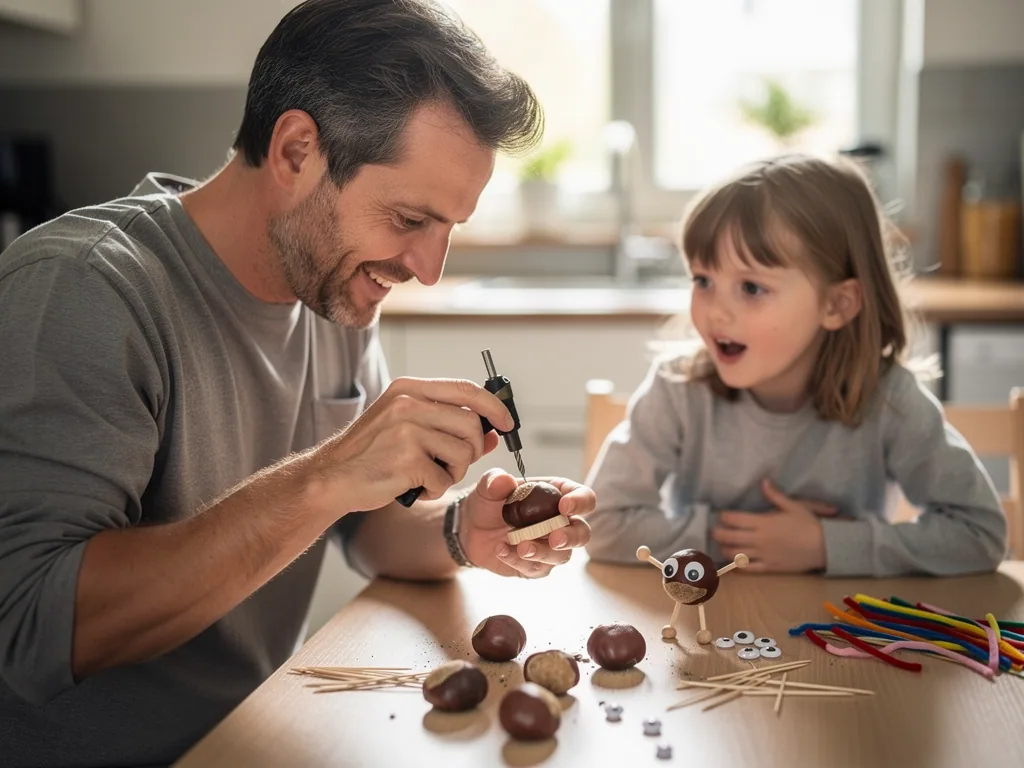 Vater bohrt am Küchentisch eine Kastanie, während seine Tochter beim Basteln zusieht.