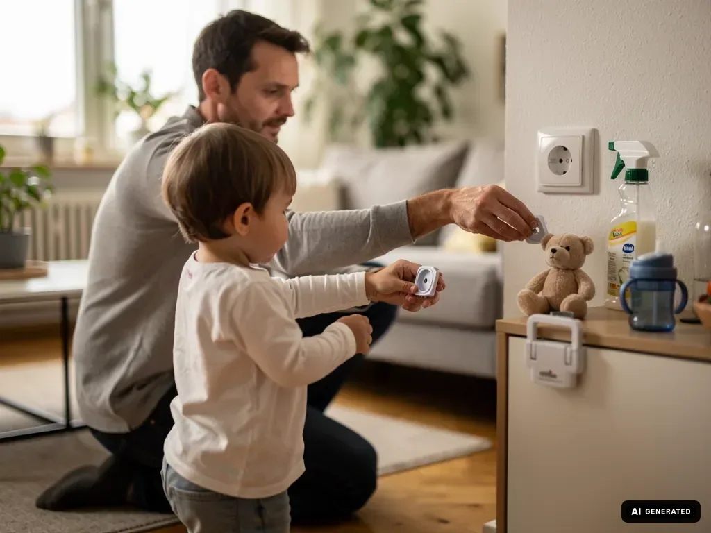 Vater bringt mit Kleinkind eine Steckdosensicherung im Wohnzimmer an. (mit KI erstellt)