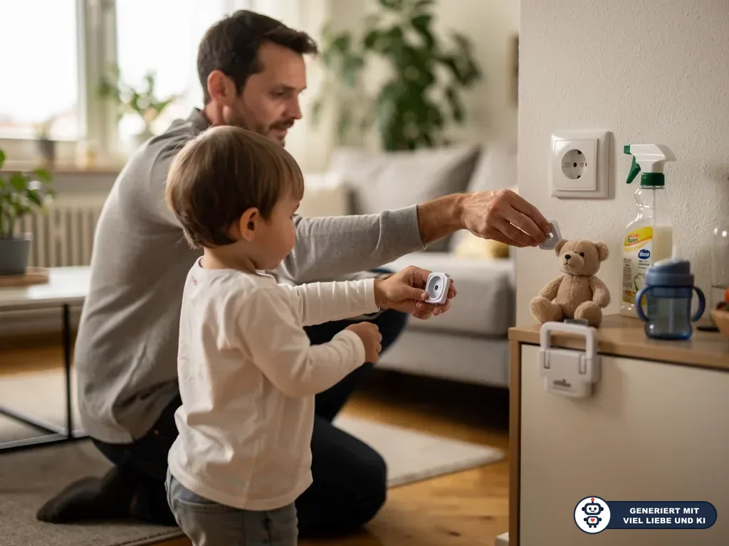 Vater bringt mit Kleinkind eine Steckdosensicherung im Wohnzimmer an. (mit KI erstellt)