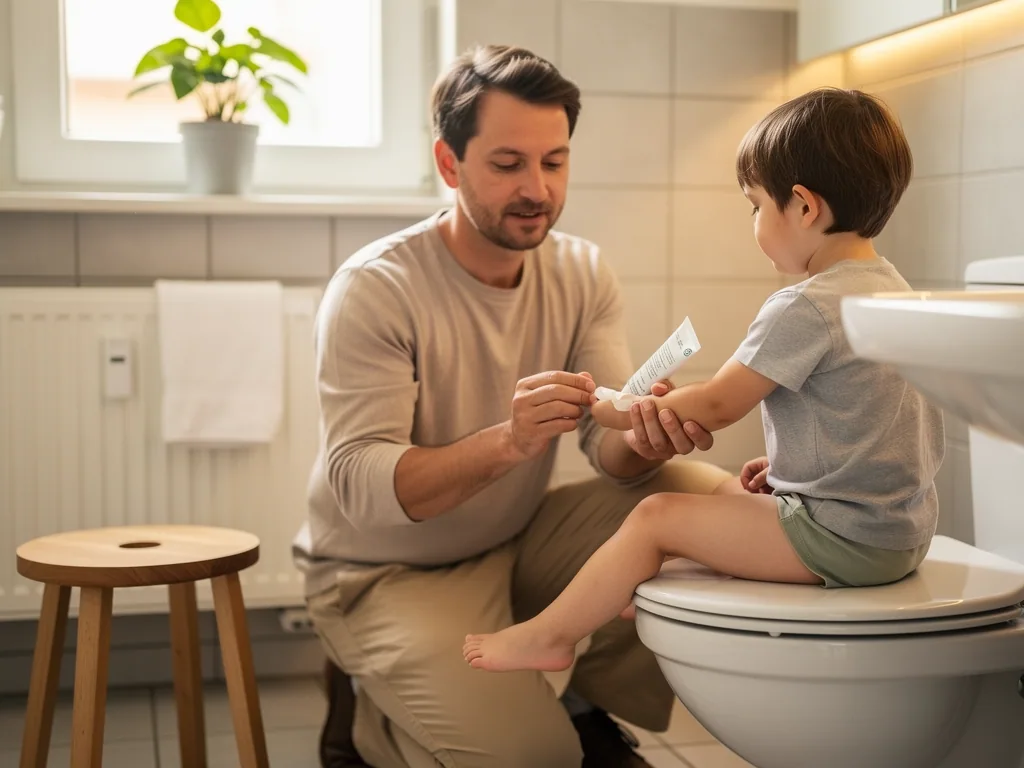 Vater cremt den Arm seines Kindes im Badezimmer ein; das Kind sitzt auf dem geschlossenen Toilettendeckel.