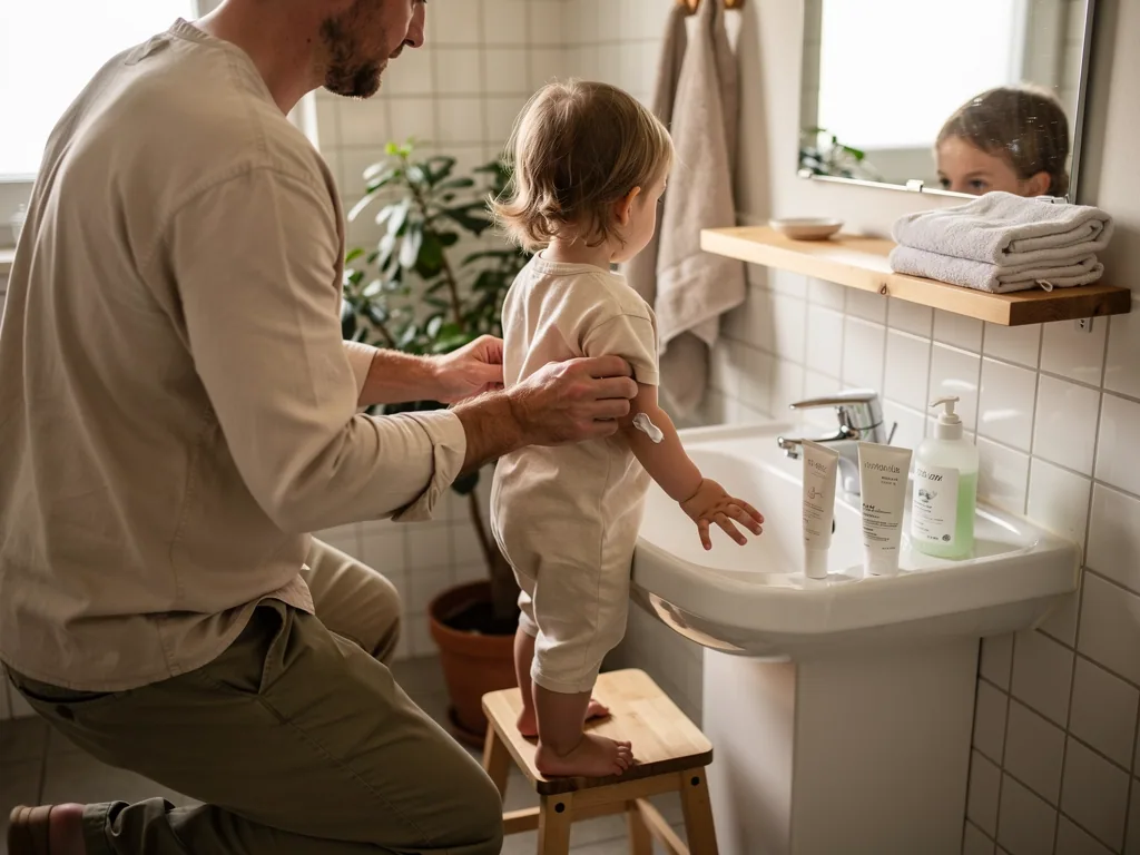 Vater cremt einem Kleinkind im Bad den Arm ein; Pflegeprodukte stehen am Waschbecken.