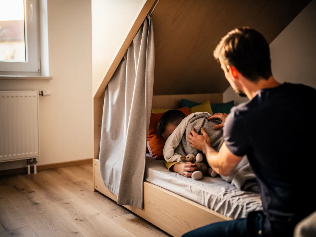 Vater deckt ein Kind in einer Bettnische unter der Dachschräge zu, neben Kissen, Vorhang und Stofftier.