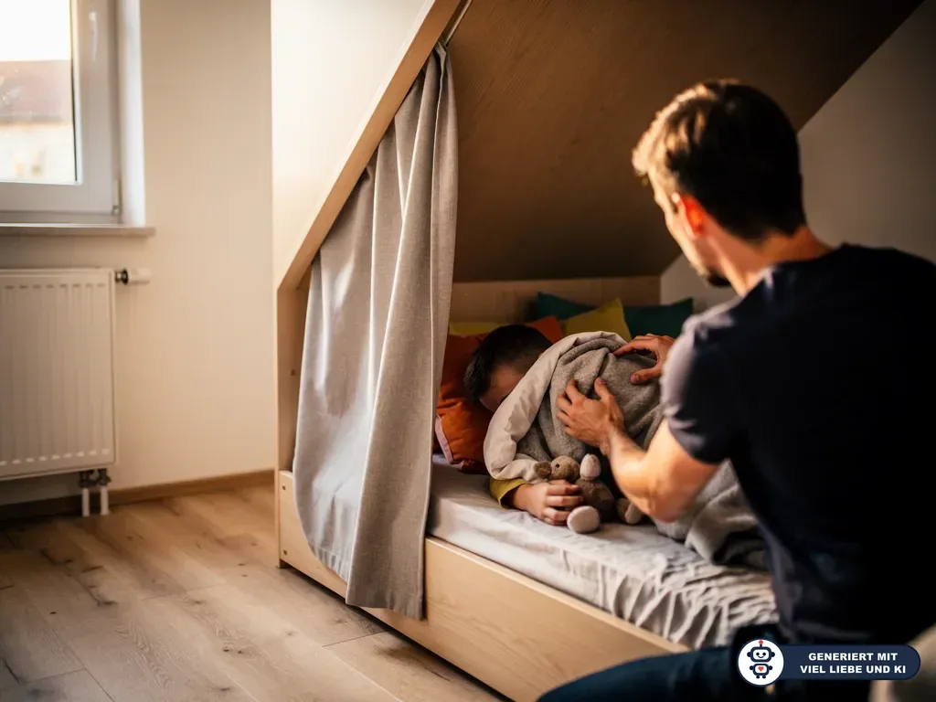 Vater deckt ein Kind in einer Bettnische unter der Dachschräge zu, neben Kissen, Vorhang und Stofftier. (mit KI erstellt)