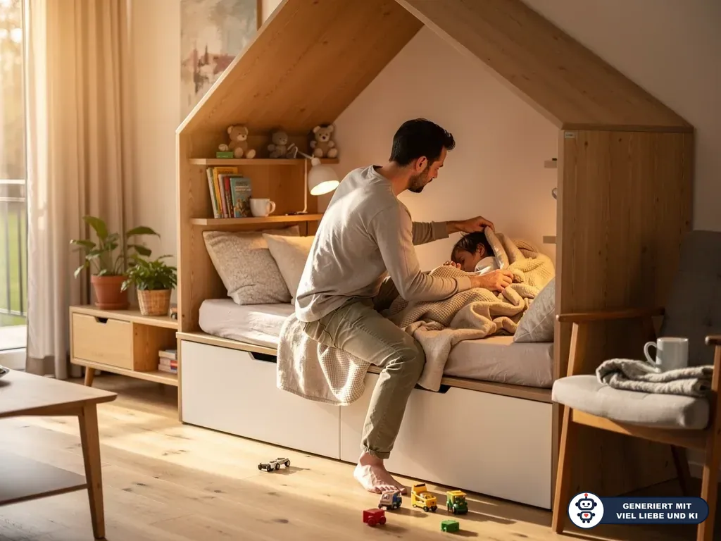 Vater deckt ein Kind in einer hölzernen Schlafnische unter der Dachschräge zu, Spielzeugautos liegen auf dem Boden. (mit KI erstellt)