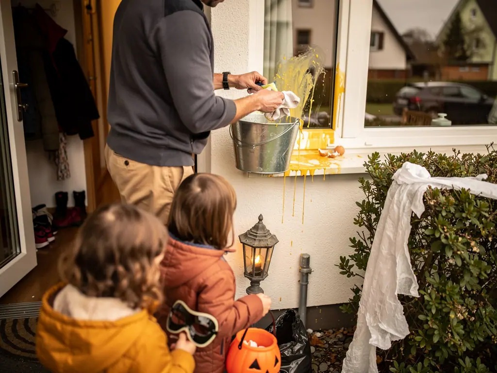 Vater entfernt gelbe Farbe vom Fenster, während zwei Kinder mit Halloween-Eimer danebenstehen.