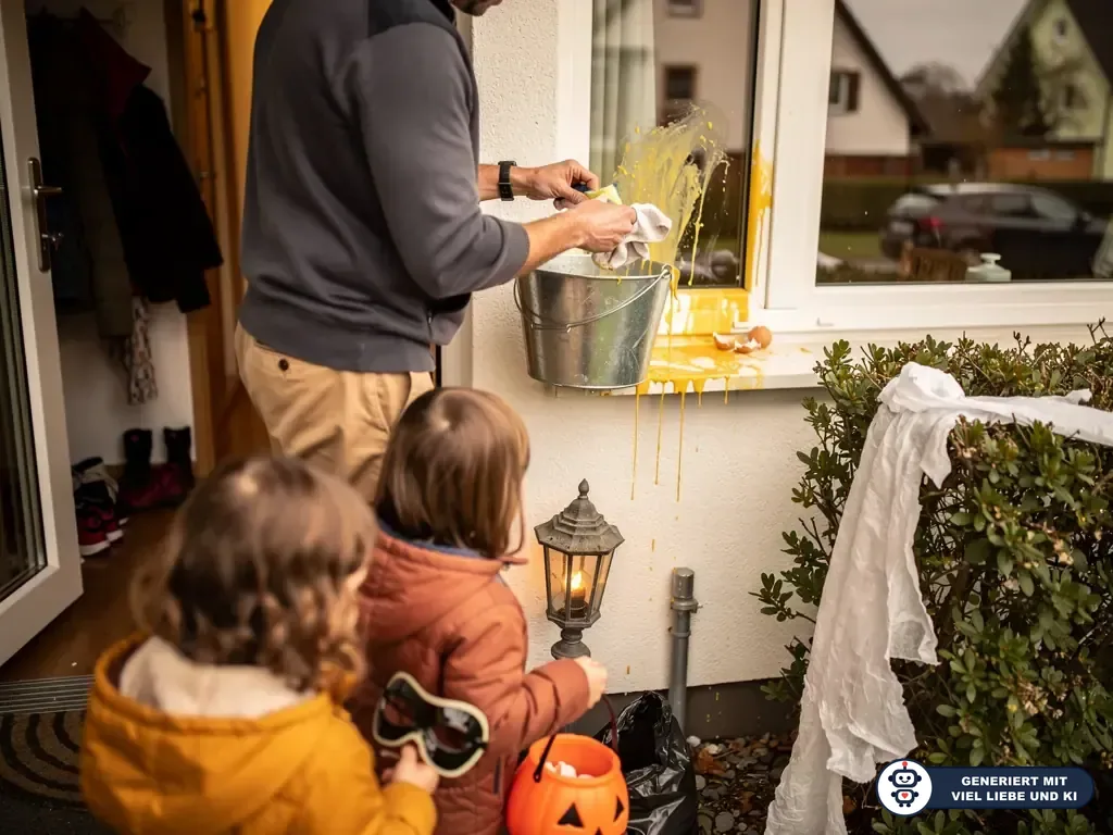 Vater entfernt gelbe Farbe vom Fenster, während zwei Kinder mit Halloween-Eimer danebenstehen. (mit KI erstellt)
