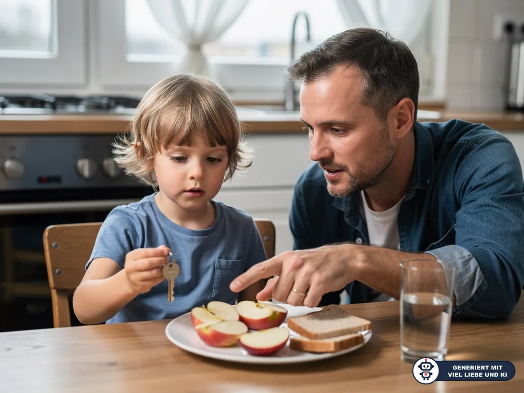 Vater erklärt einem Kind am Küchentisch einen Haustürschlüssel neben Snack, Brot und Wasserglas. (mit KI erstellt)