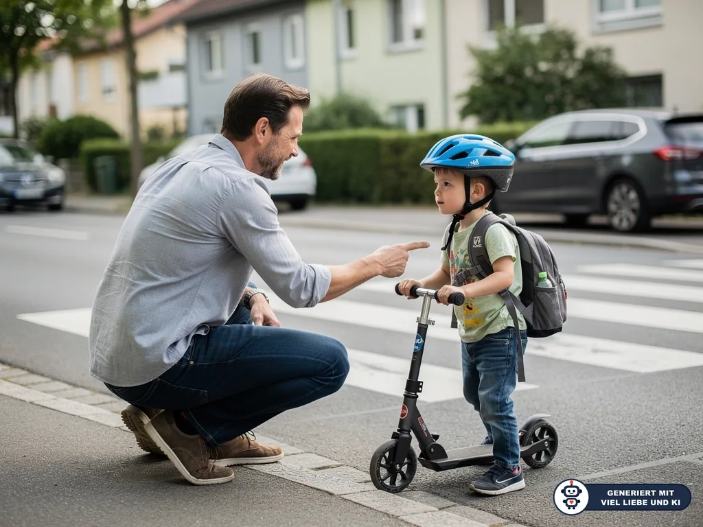 Vater erklärt einem Kind mit Helm und Roller am Zebrastreifen sicheres Verhalten im Straßenverkehr. (mit KI erstellt)