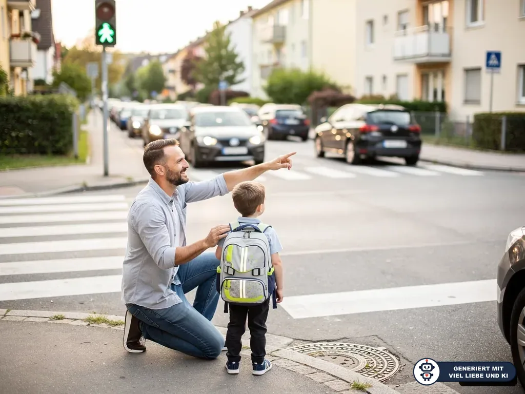 Vater erklärt einem Kind mit Schulranzen an einer grünen Fußgängerampel den sicheren Weg über die Straße. (mit KI erstellt)