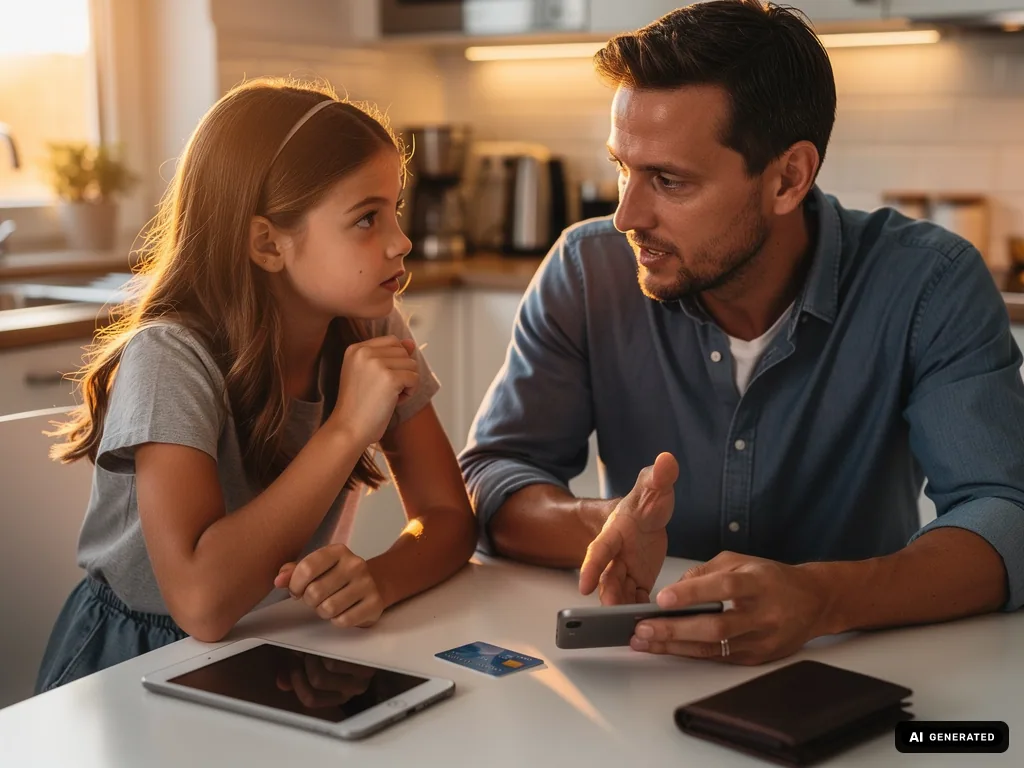 Vater erklärt seiner Tochter am Küchentisch Regeln für Smartphone, Kreditkarte und Tablet. (mit KI erstellt)