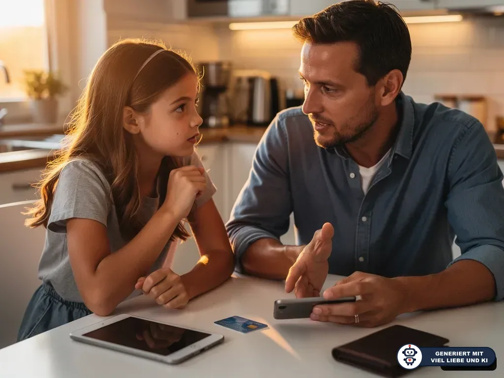 Vater erklärt seiner Tochter am Küchentisch Regeln für Smartphone, Kreditkarte und Tablet. (mit KI erstellt)