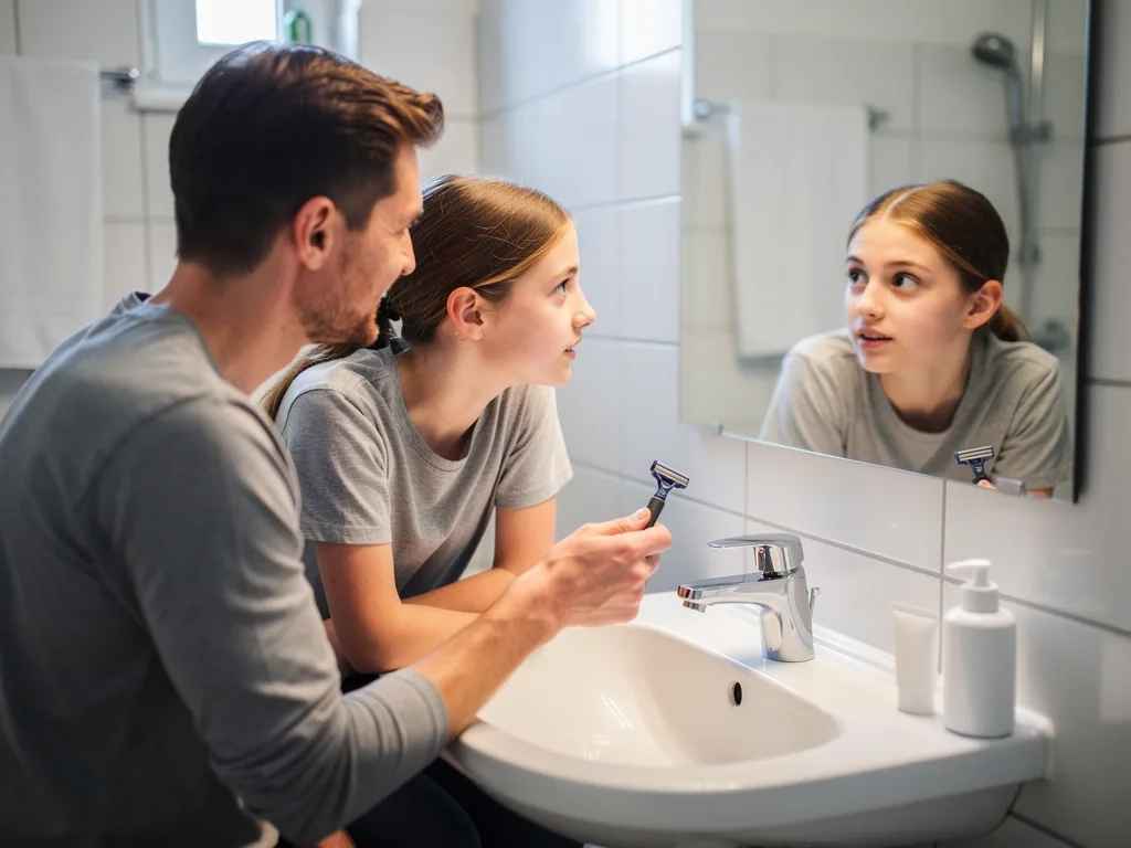 Vater erklärt seiner Tochter im Bad einen Nassrasierer vor dem Spiegel am Waschbecken.