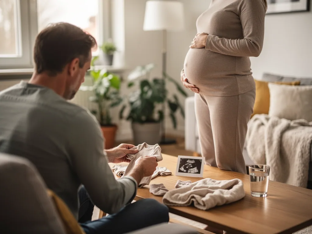 Vater faltet Babykleidung, während eine Schwangere im Wohnzimmer ihren Bauch hält; Ultraschallbild auf dem Tisch.