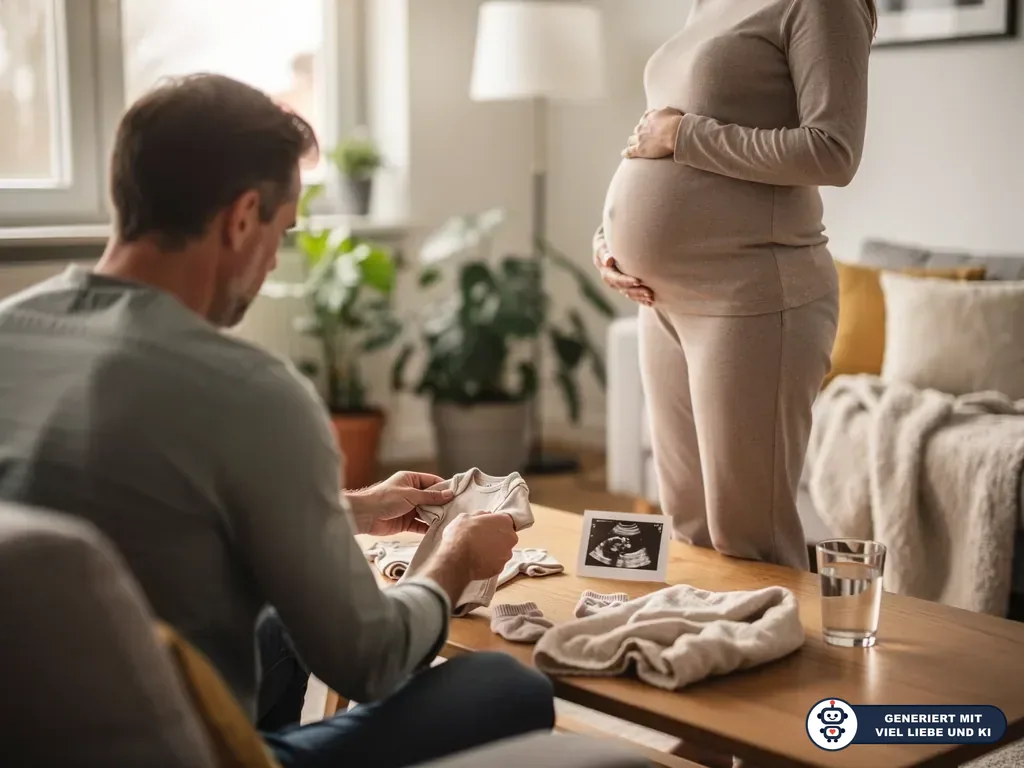 Vater faltet Babykleidung, während eine Schwangere im Wohnzimmer ihren Bauch hält; Ultraschallbild auf dem Tisch. (mit KI erstellt)