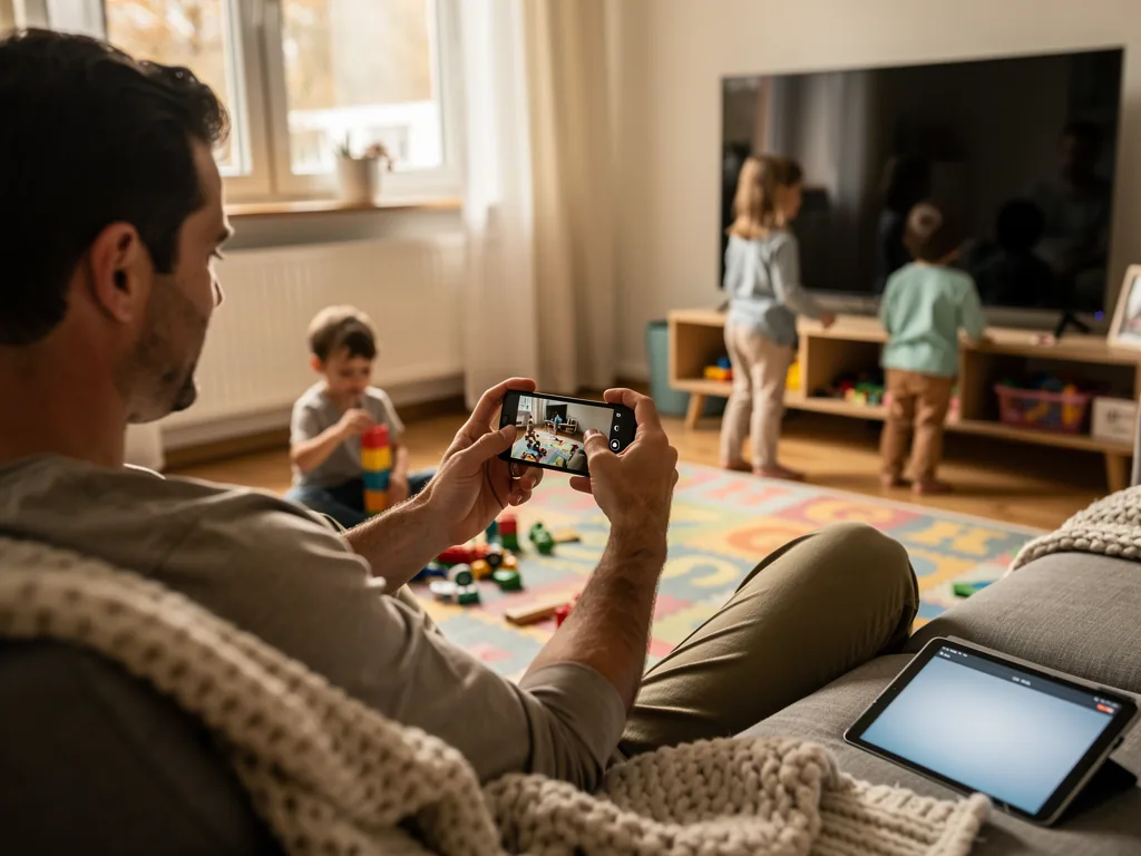 Vater fotografiert drei spielende Kinder im Wohnzimmer mit dem Smartphone.