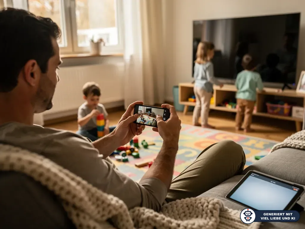 Vater fotografiert drei spielende Kinder im Wohnzimmer mit dem Smartphone. (mit KI erstellt)