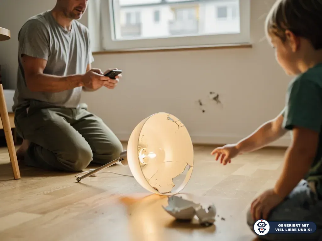 Vater fotografiert eine zerbrochene Lampe am Boden, während ein Kind daneben sitzt. (mit KI erstellt)