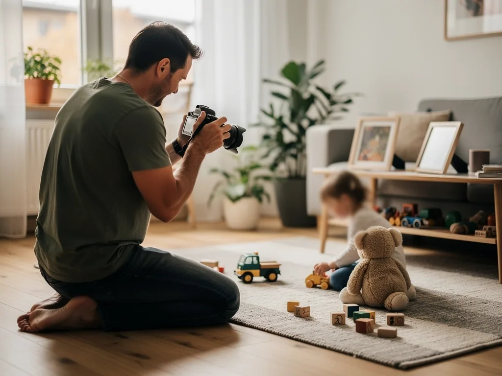 Vater fotografiert sein spielendes Kind im Wohnzimmer mit ruhigem, hellem Hintergrund.