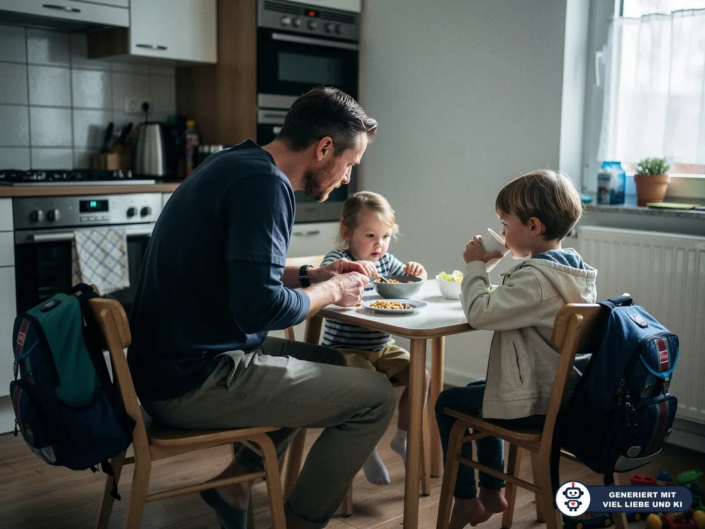 Vater frühstückt mit zwei Kindern in der Küche; Schulranzen hängen an den Stühlen. (mit KI erstellt)