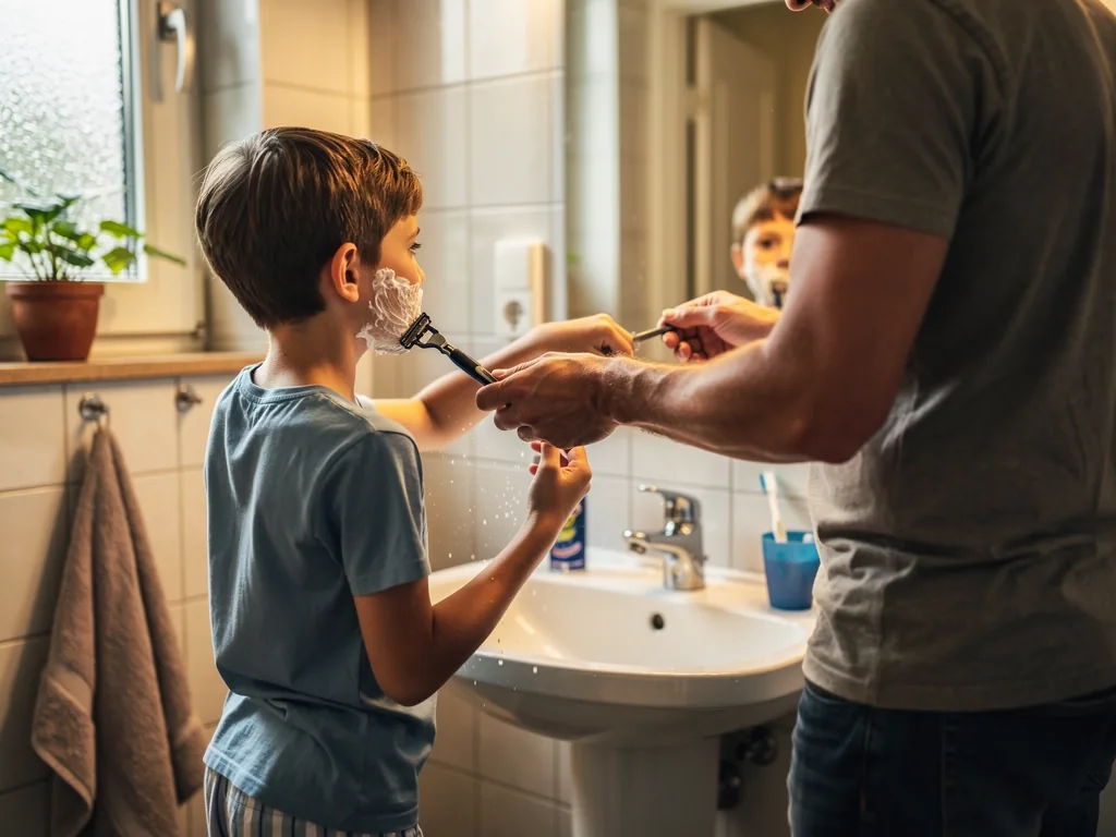 Vater führt einem Jungen mit Rasierschaum im Gesicht am Waschbecken den Rasierer, beide sehen in den Spiegel.