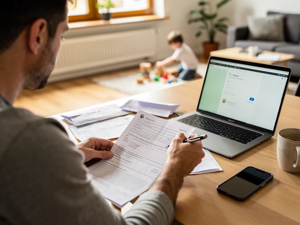 Vater füllt am Esstisch Unterlagen aus, daneben Laptop und Kind beim Spielen im Wohnzimmer.