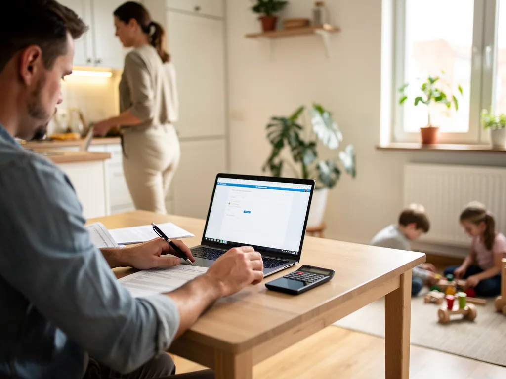 Vater füllt am Küchentisch Elterngeld-Unterlagen aus, Laptop und Taschenrechner daneben, Familie im Hintergrund.