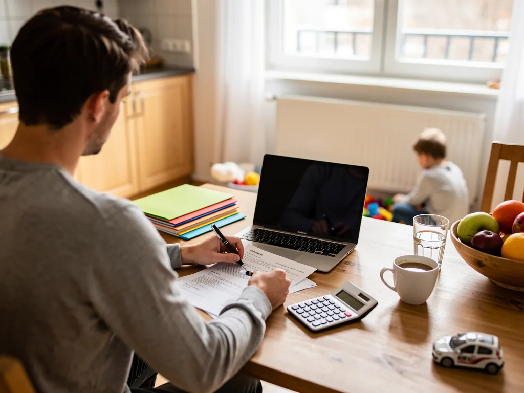 Vater füllt am Küchentisch Formulare aus, neben Laptop und Rechner; Kind spielt im Hintergrund am Fenster.