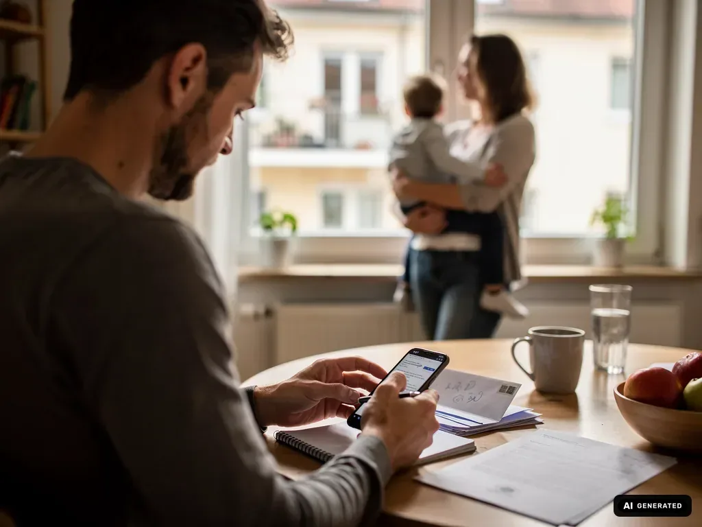 Vater füllt am Küchentisch mit Smartphone und Unterlagen einen Kindergeld-Antrag aus, Mutter hält Kind am Fenster. (mit KI erstellt)