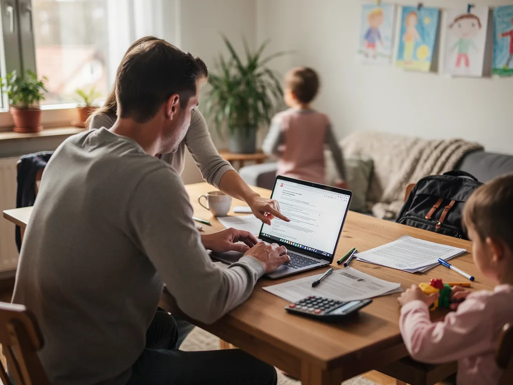 Vater füllt am Laptop einen Antrag aus, daneben Unterlagen und Kinder im Wohnzimmer.