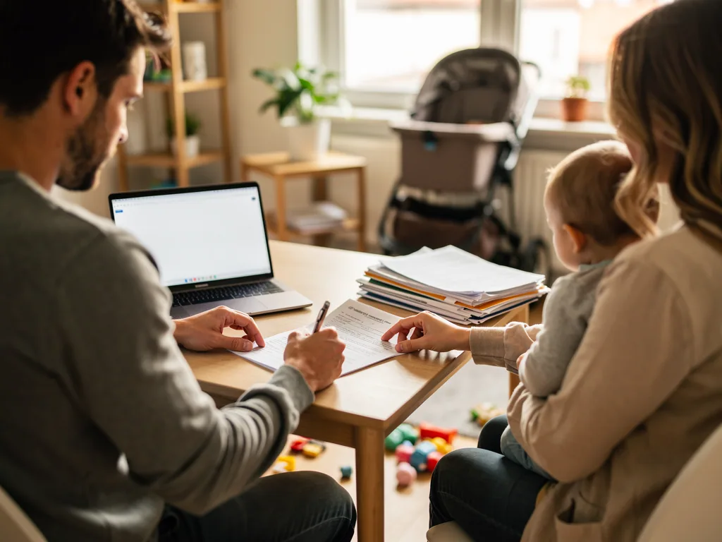 Vater füllt am Laptop Elterngeld-Unterlagen aus, Mutter sitzt mit Baby daneben am Tisch.