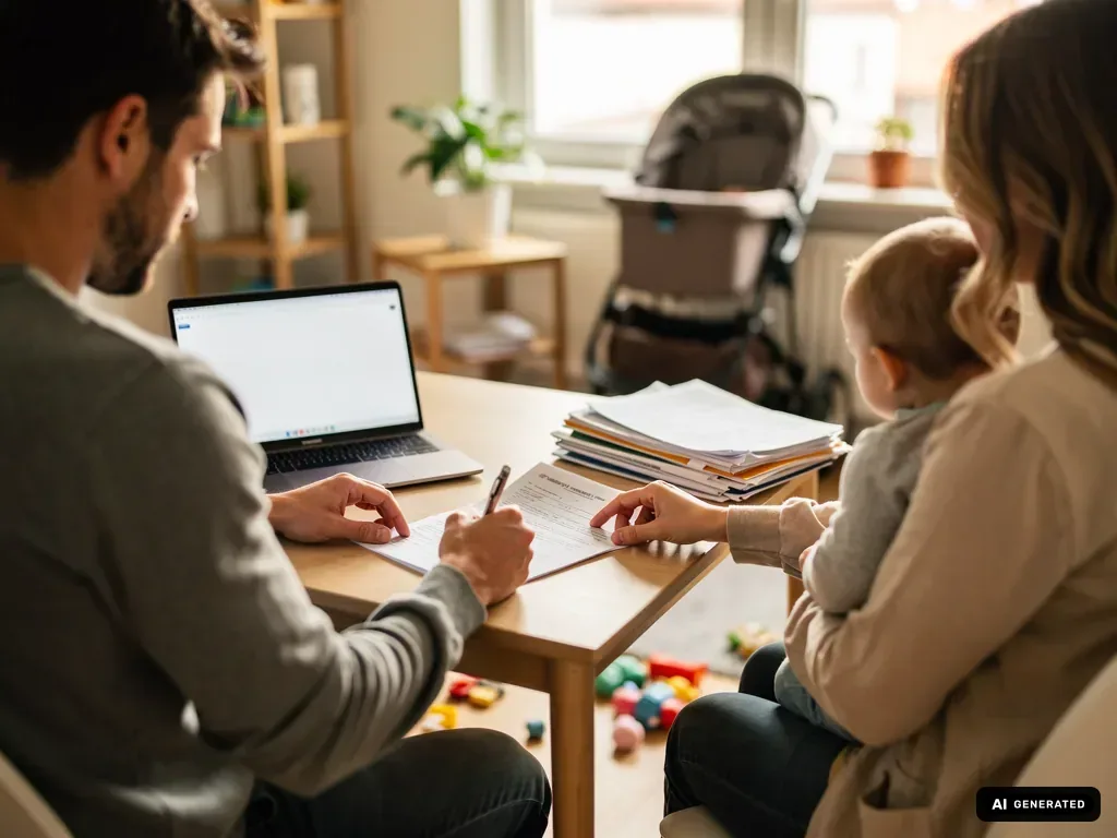 Vater füllt am Laptop Elterngeld-Unterlagen aus, Mutter sitzt mit Baby daneben am Tisch. (mit KI erstellt)