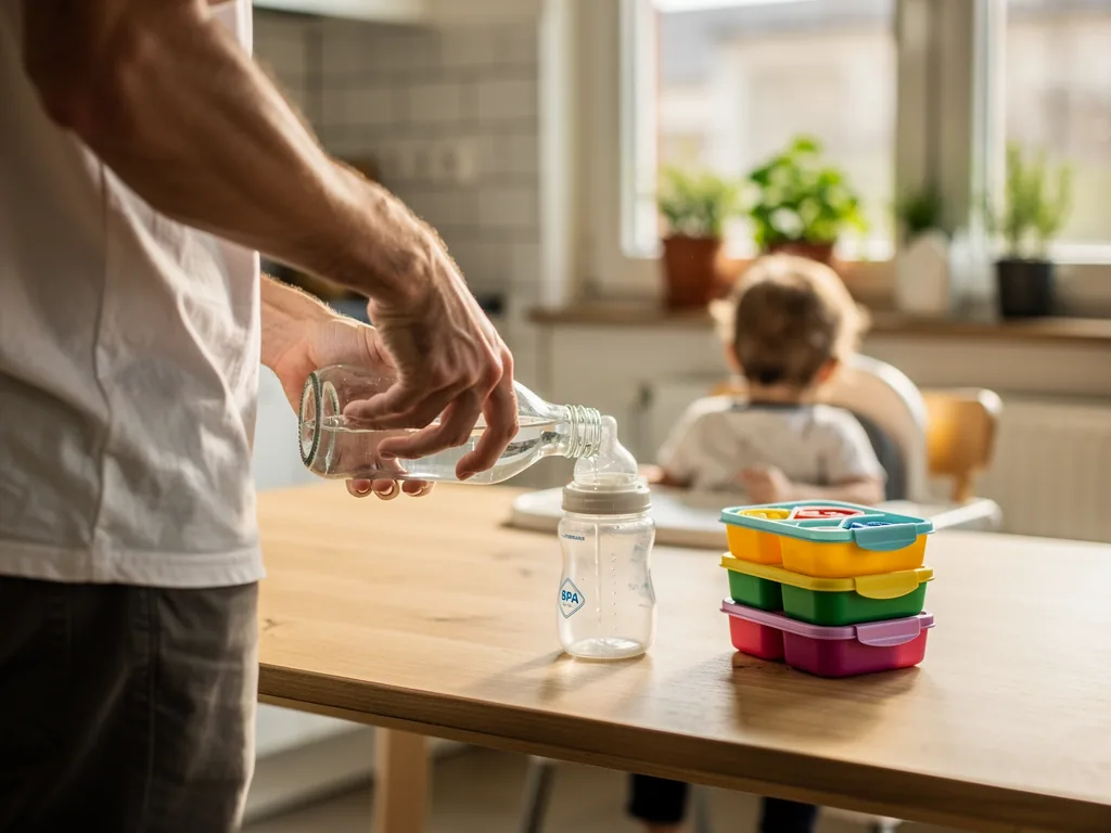 Vater füllt Wasser aus einer Glasflasche in eine Babyflasche, Kind sitzt im Hochstuhl am Küchentisch.